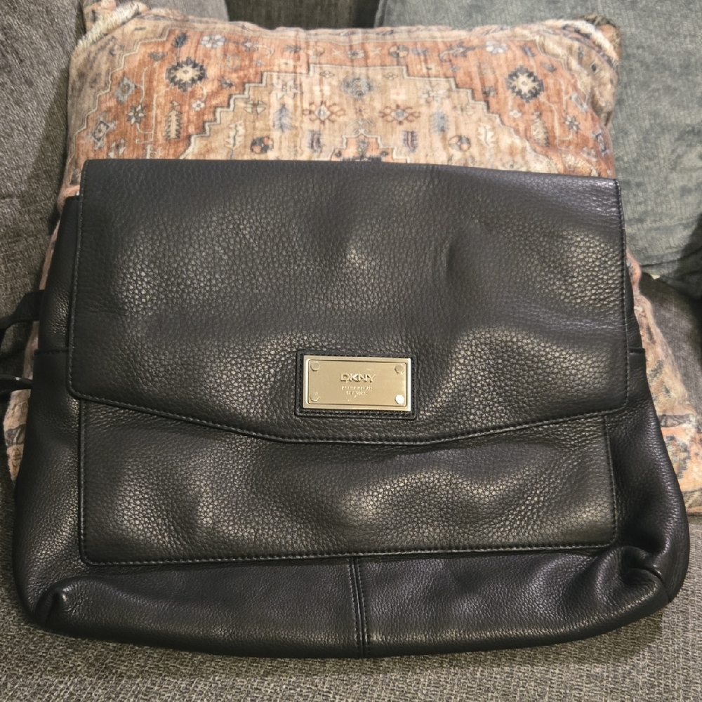 DKNY Black Pebbled Leather Flap Shoulder Bag with Metal Plaque,